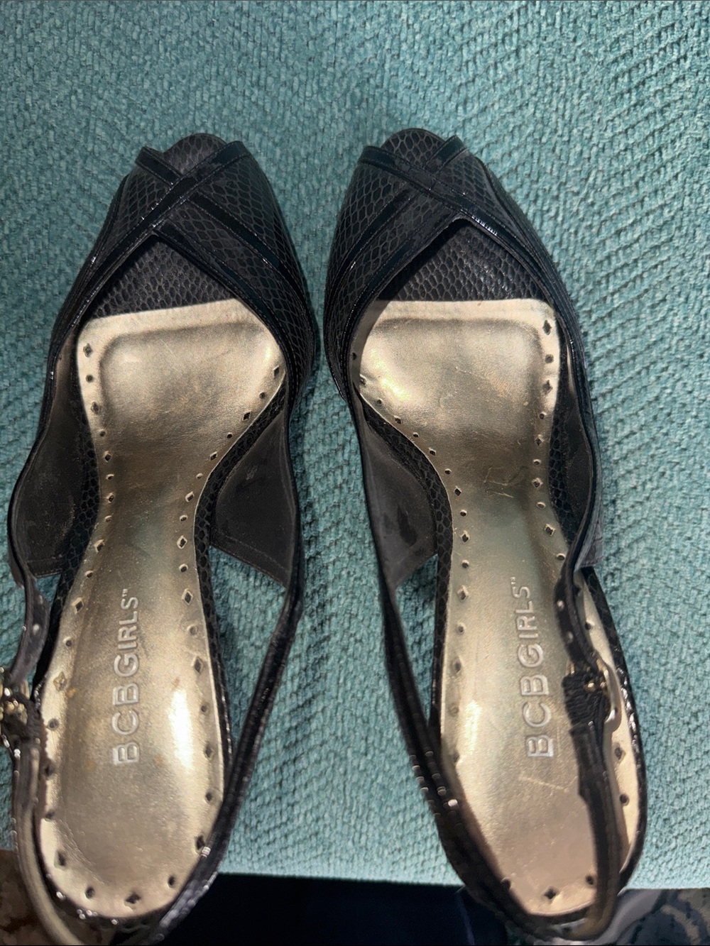 BCBGirls Black Textured Peep-Toe Slingback Heels